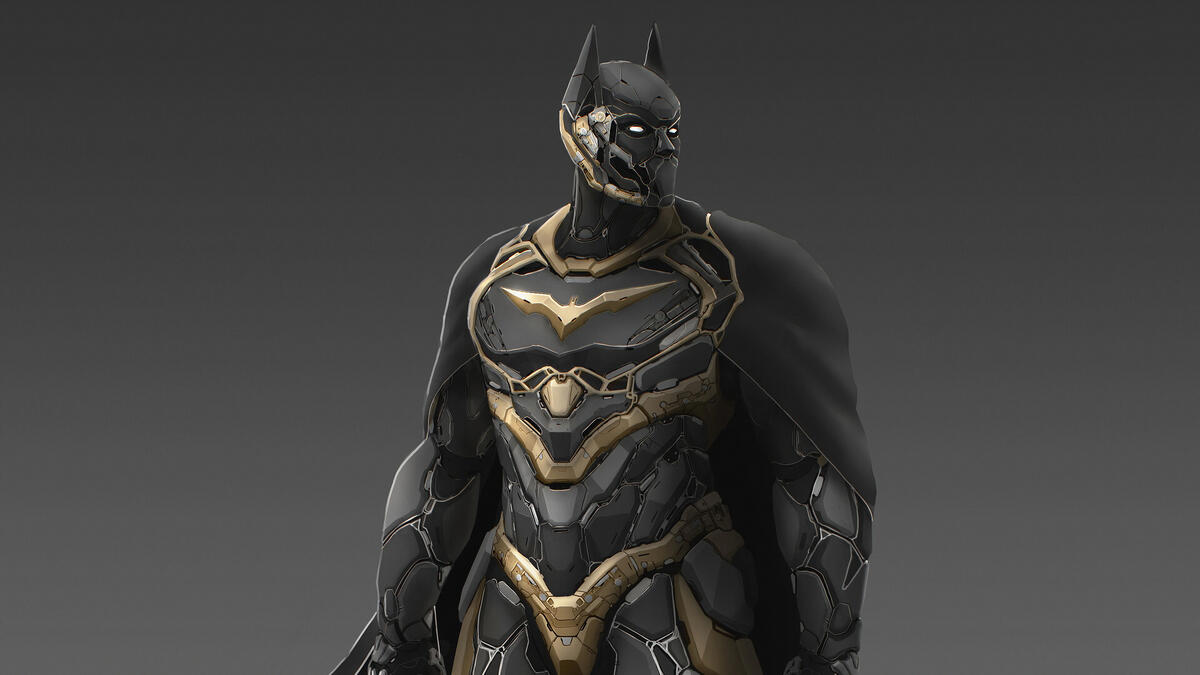 A beautiful Batman costume on a gray background