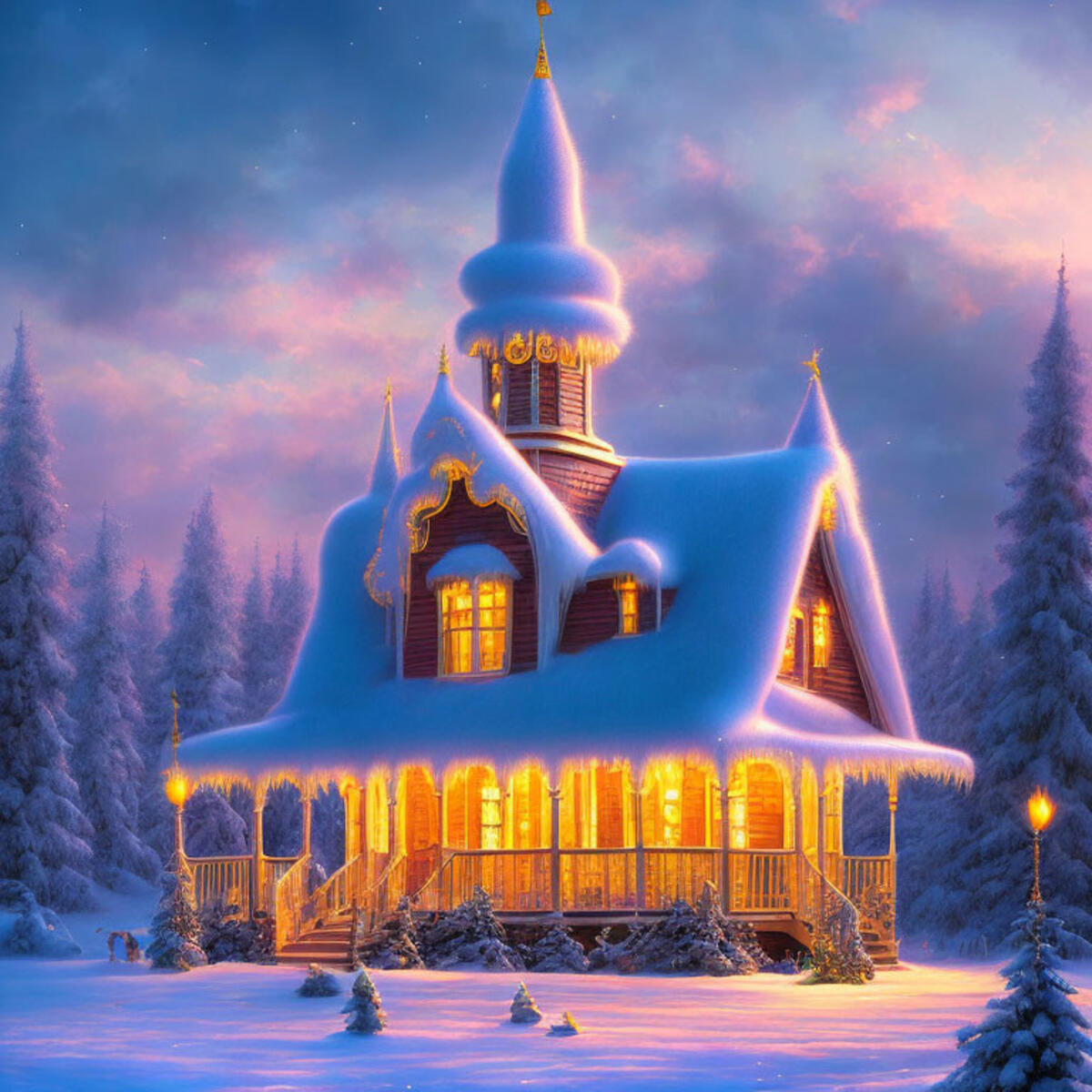 Покрытый снегом дом в новогоднюю ночь