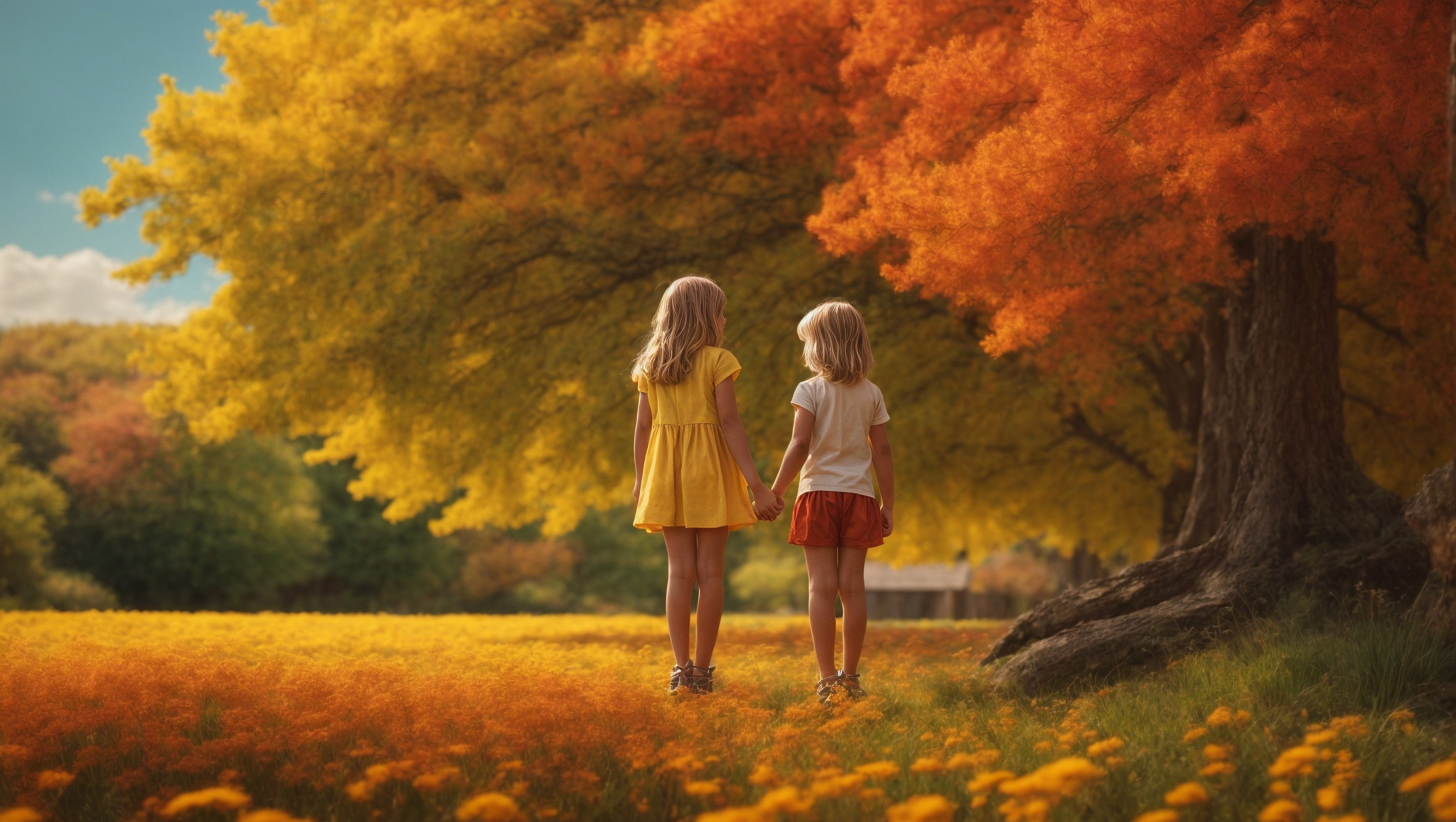 免费照片两个年轻女孩站在开满黄花的秋日田野上。