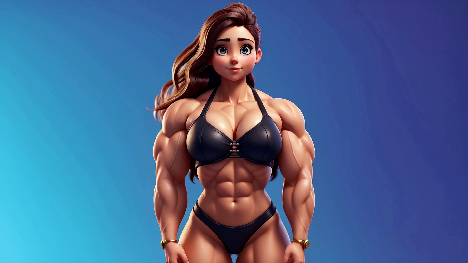 Red-haired girl bodybuilder standing on a blue background