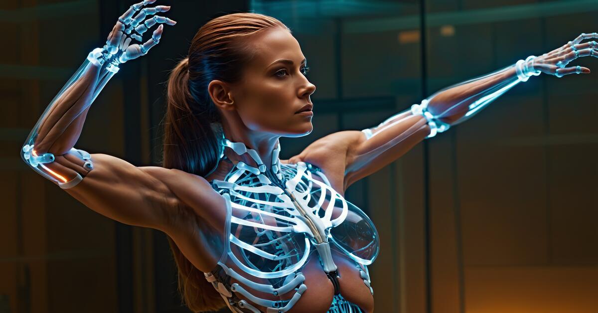 Futuristic woman in white with glowing torso and arms