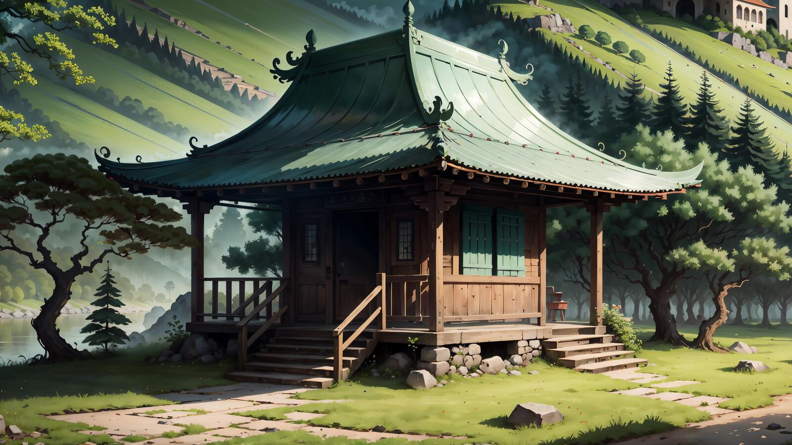 Бесплатное фото Небольшой дом в азиатском стиле в долине