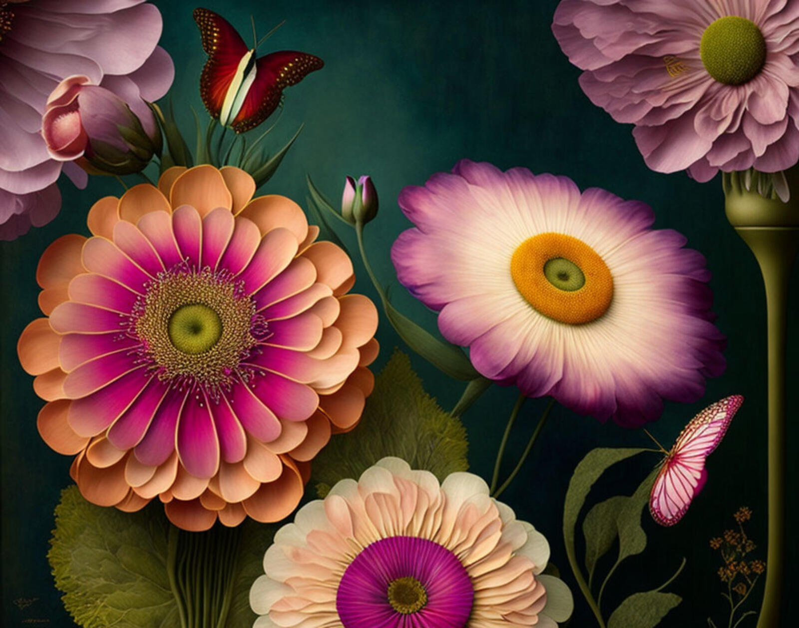 Бесплатное фото Рисунок цветов в вазе с бабочкой