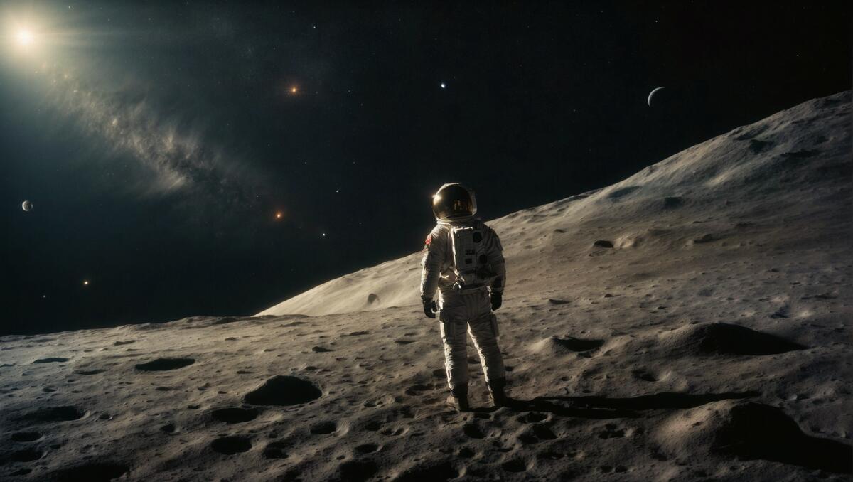 A man stands on the moon and looks up at a distant line of stars.