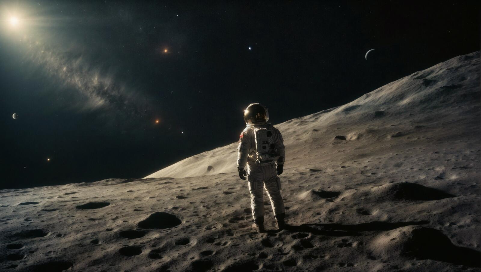 Free photo A man stands on the moon and looks up at a distant line of stars.