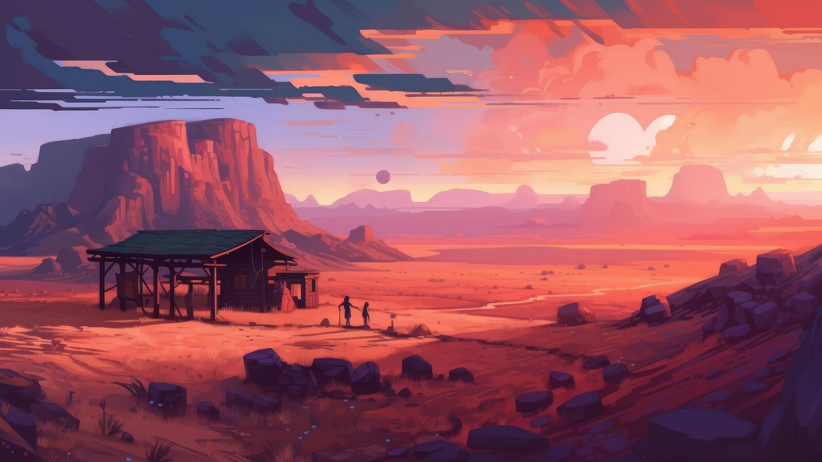 Бесплатное фото Рисунок пустыне с домиком и семьей живущей в нем