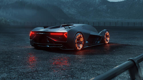 Черная Lamborghini Terzo Millennio с включенными габаритами в дождливую погоду ночью