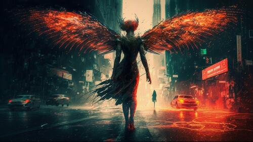 Фэнтези девушка ангел с горящими крыльями