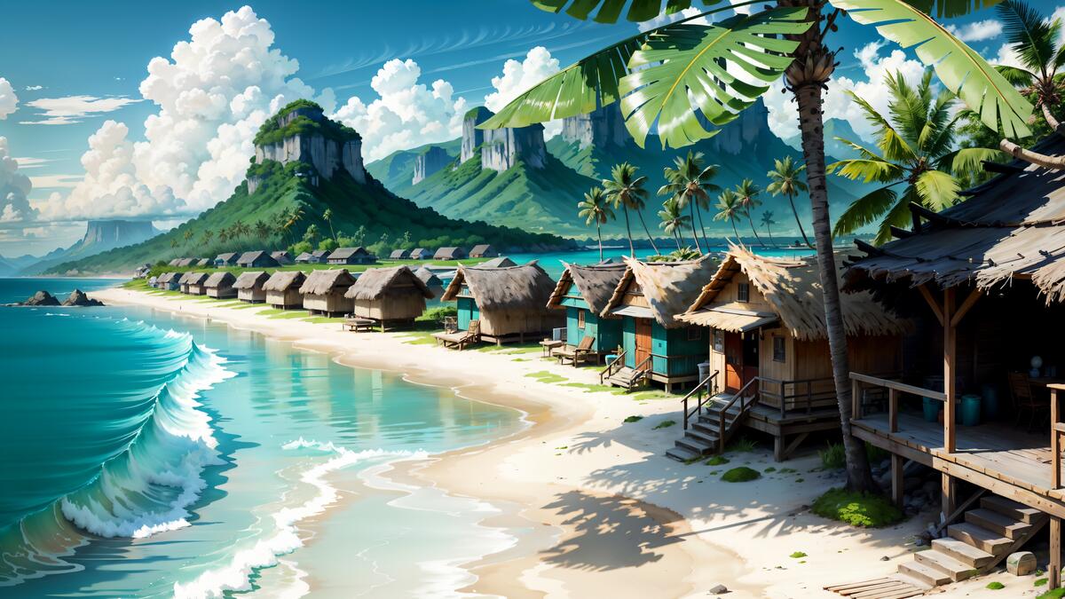 Картина деревни на берегу моря в тропической местности