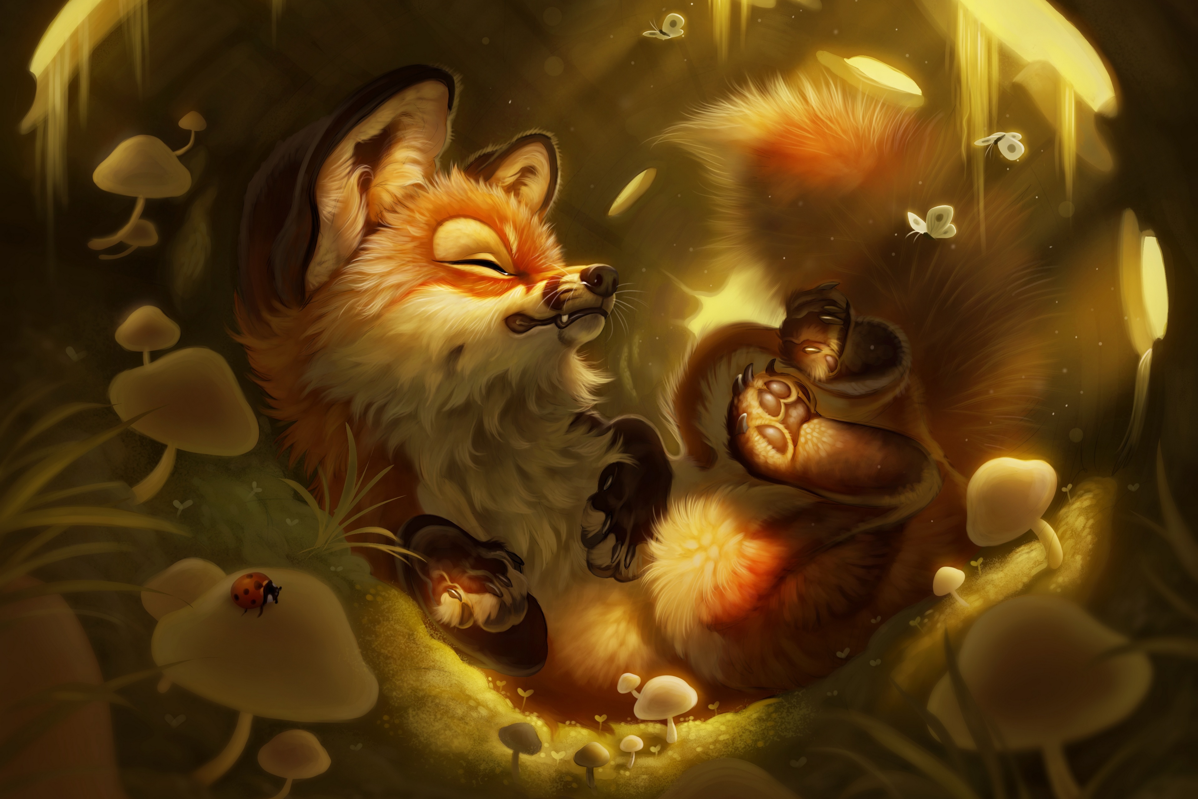 Free photo Drawing of a beautiful fox with butterflies near mushrooms
