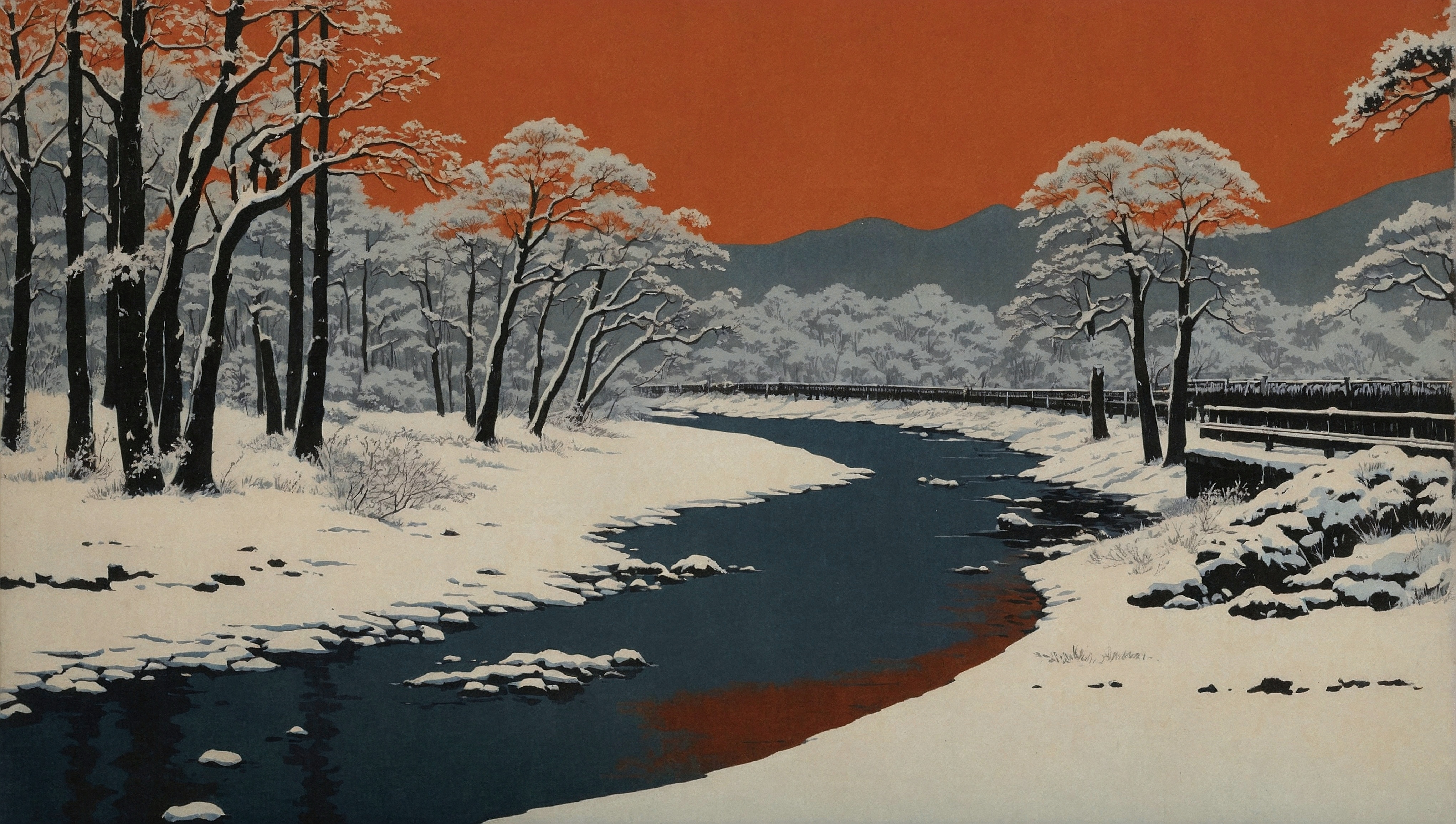 Бесплатное фото Старинная картина с изображением деревьев зимой