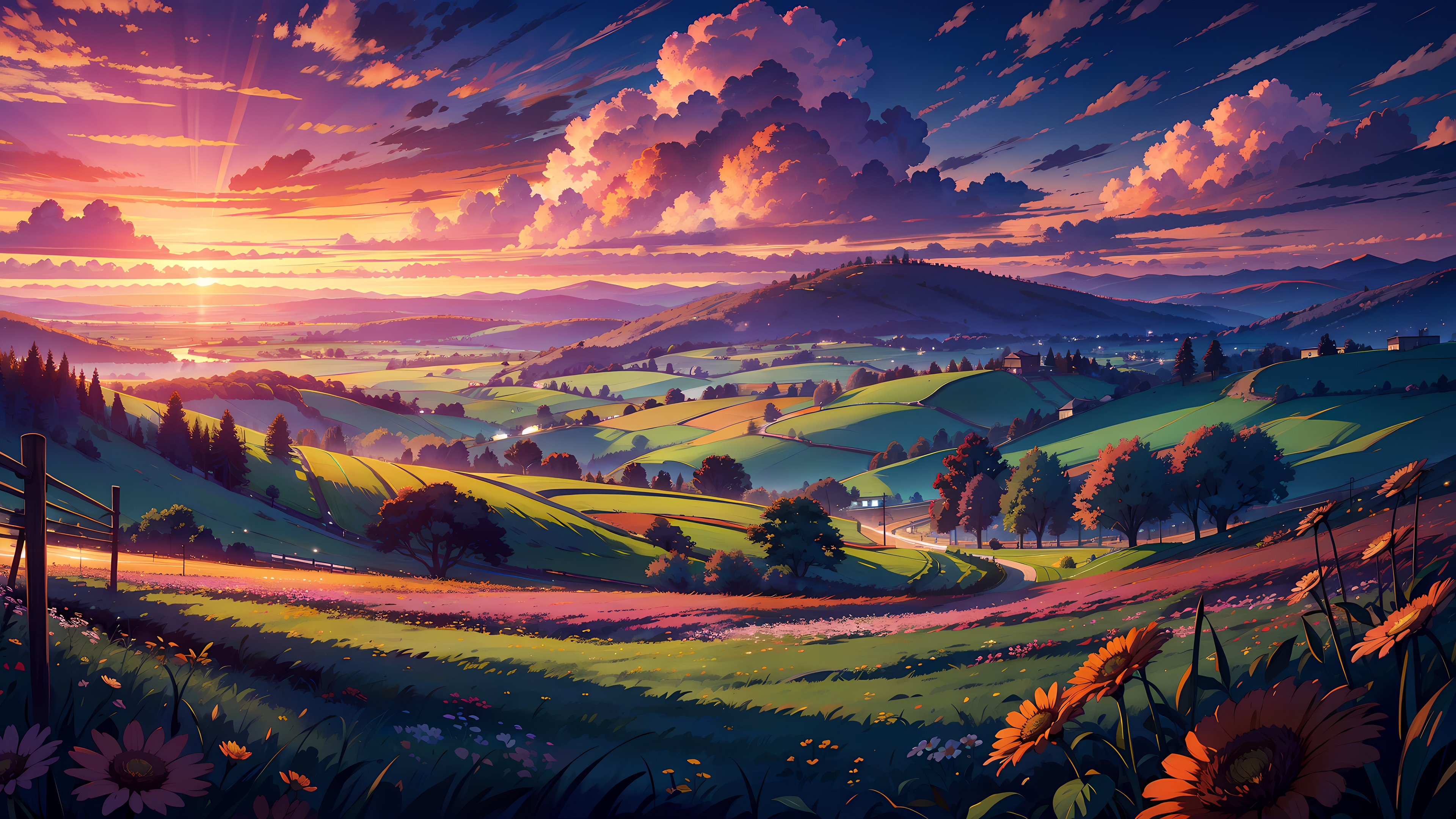 The rising sun illuminates the hilly landscape