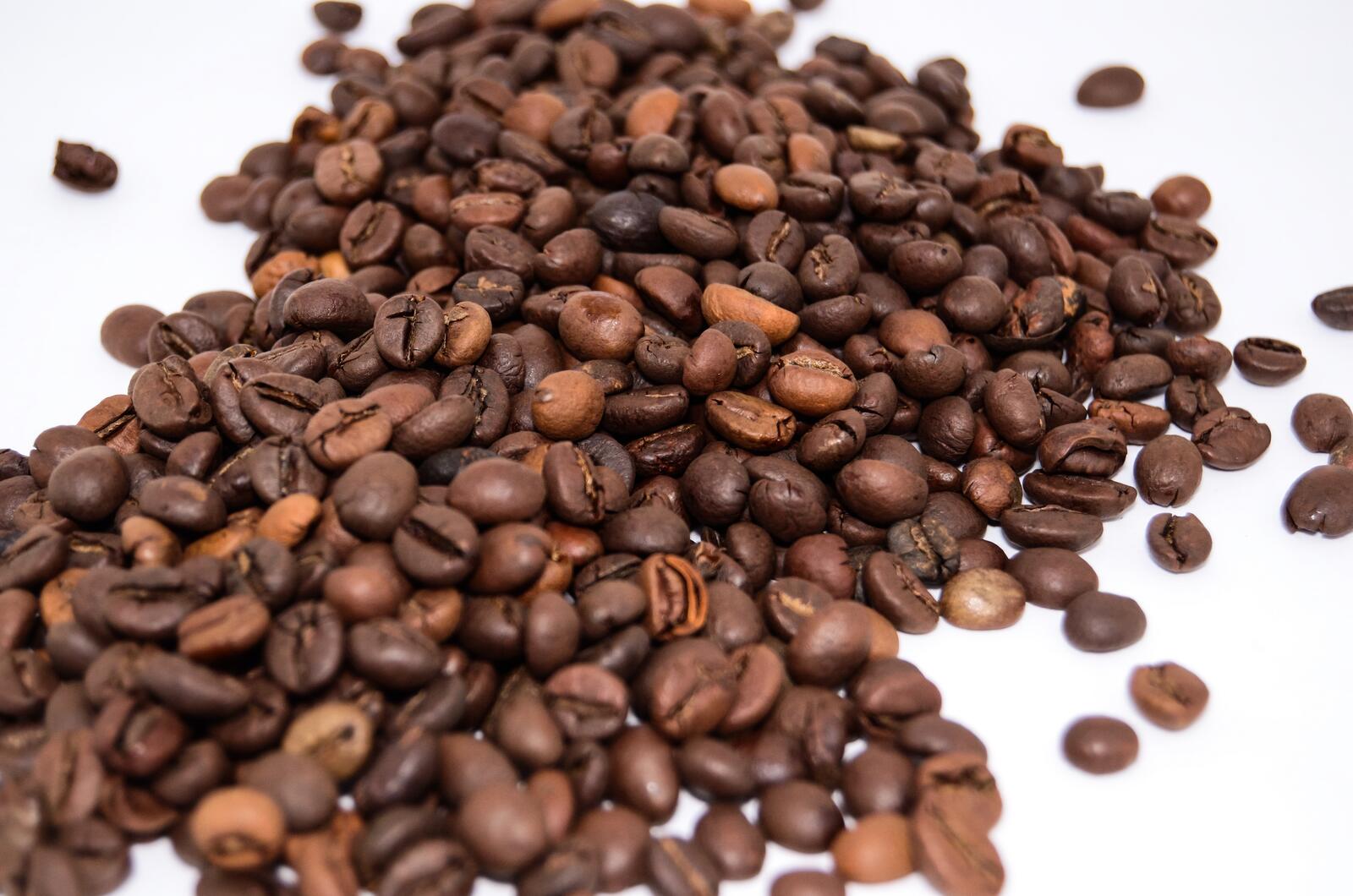 Free photo Scattered coffee beans on a white table.