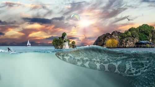 Футуристический пейзаж с островом на голове крокодила