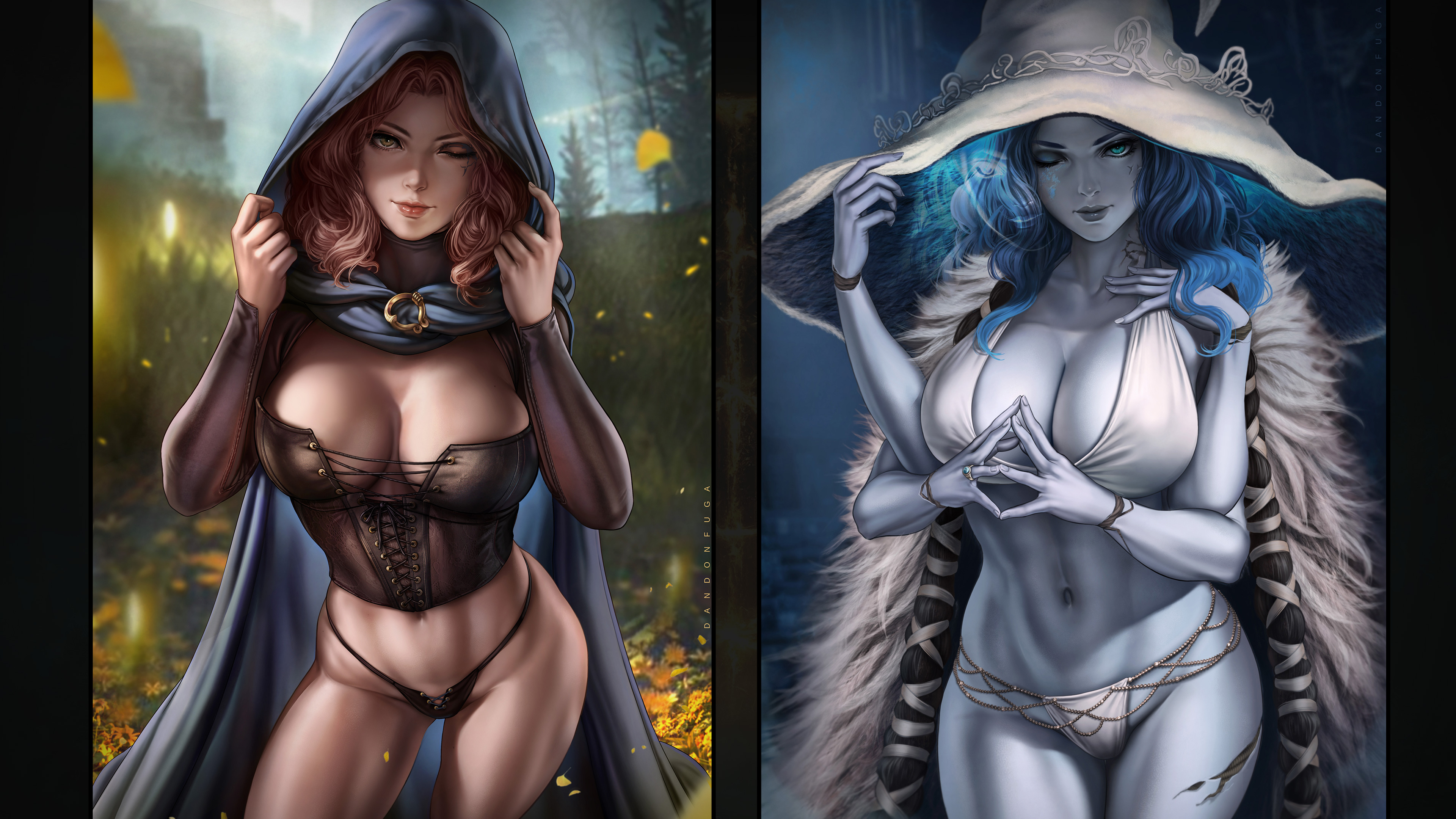 Free photo Two fantasy girls in a hood and hat