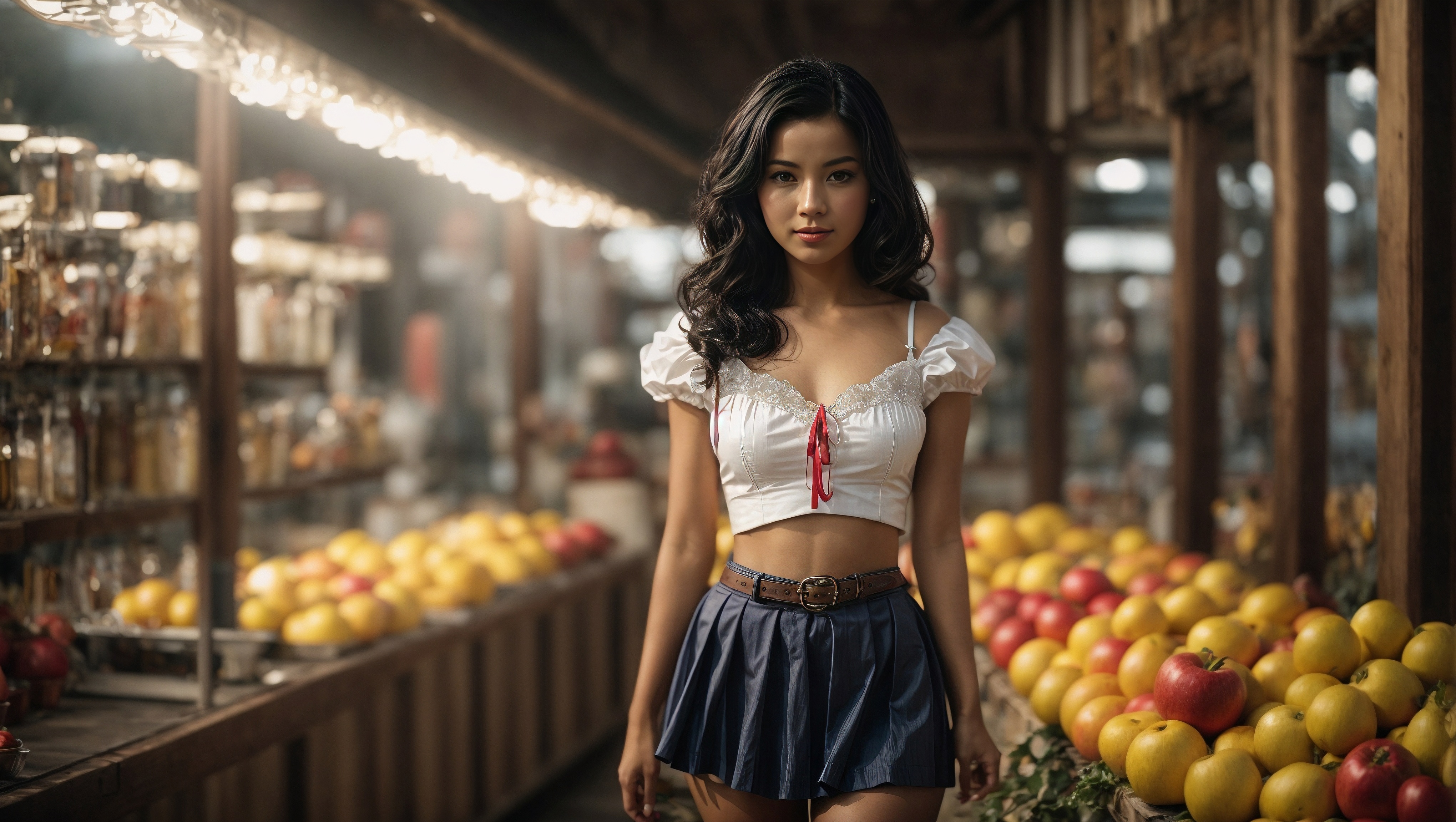 Free photo A woman in blue skirt and crop top posing in front of fruit display