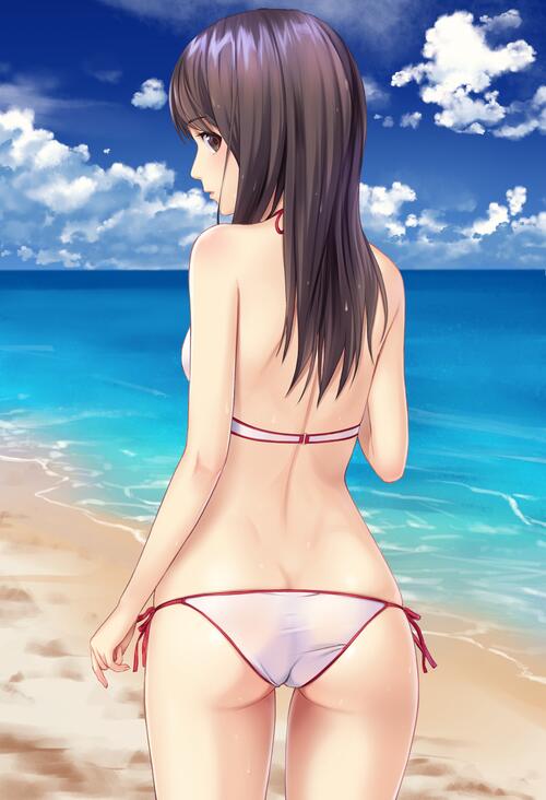 Anime girl in a swimsuit stands back to back