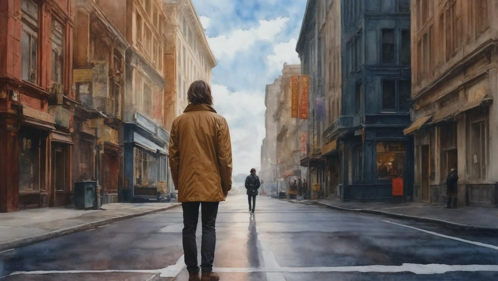 Бесплатное фото Человек стоит на городской улице рядом с несколькими зданиями.