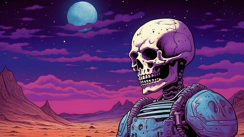 A skeleton in armor against the night desert backdrop