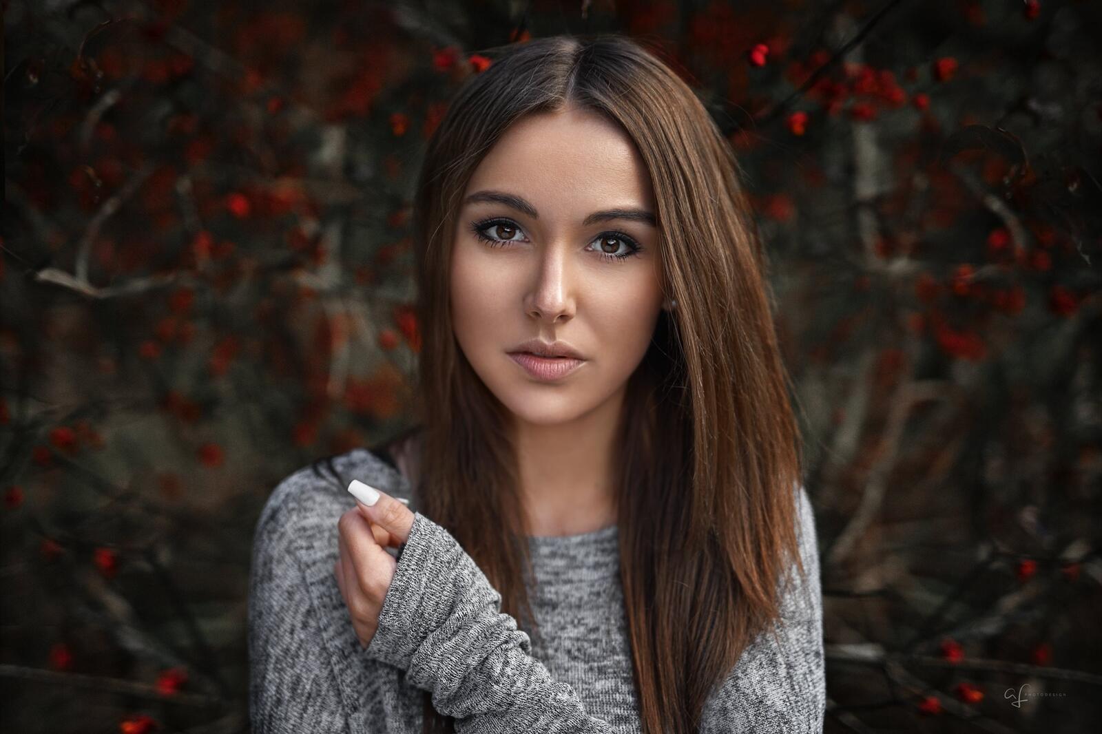 Free photo Brunette with long hair in a gray sweater