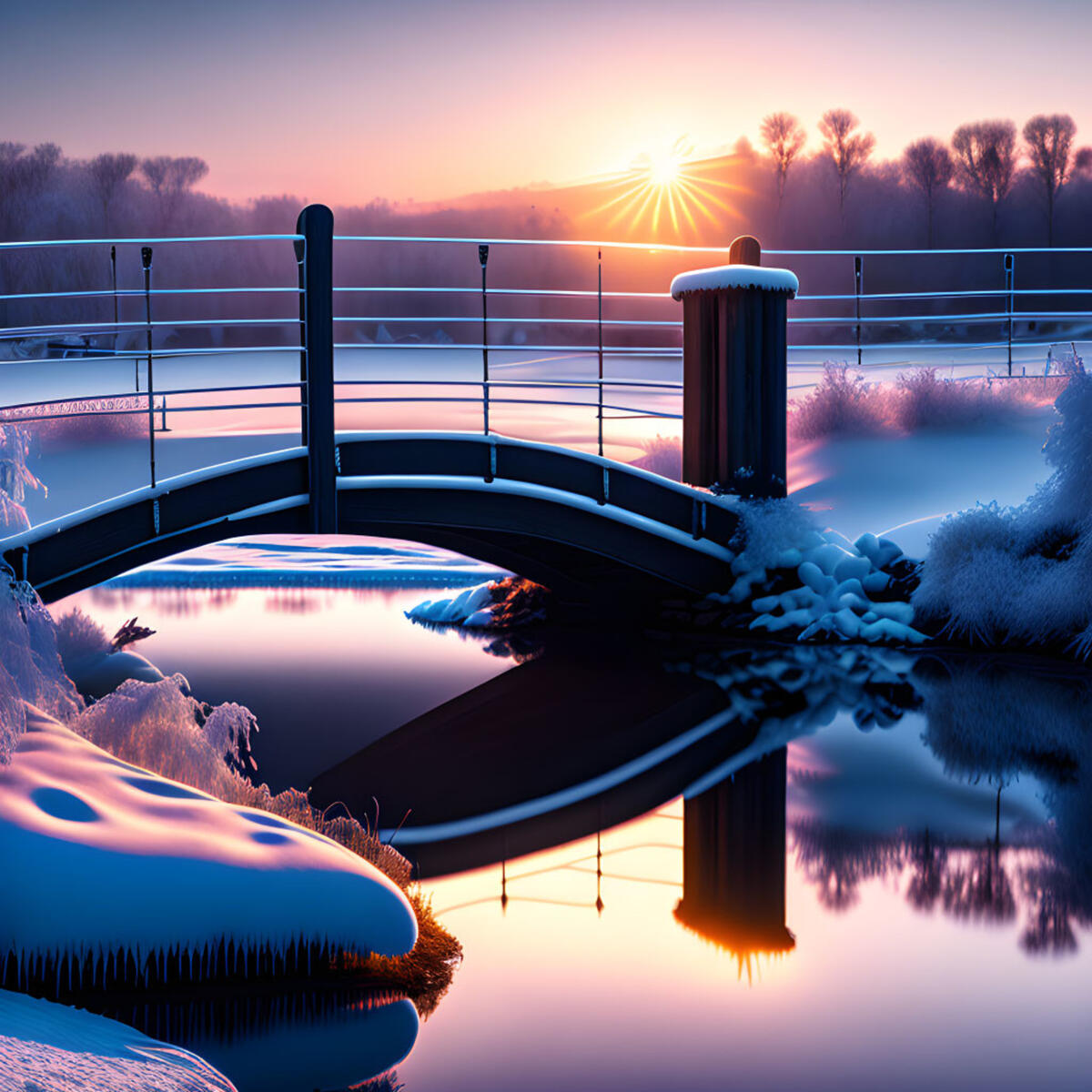 Фантастический рассвет над рекой с мостом в морозное зимнее снежное утро