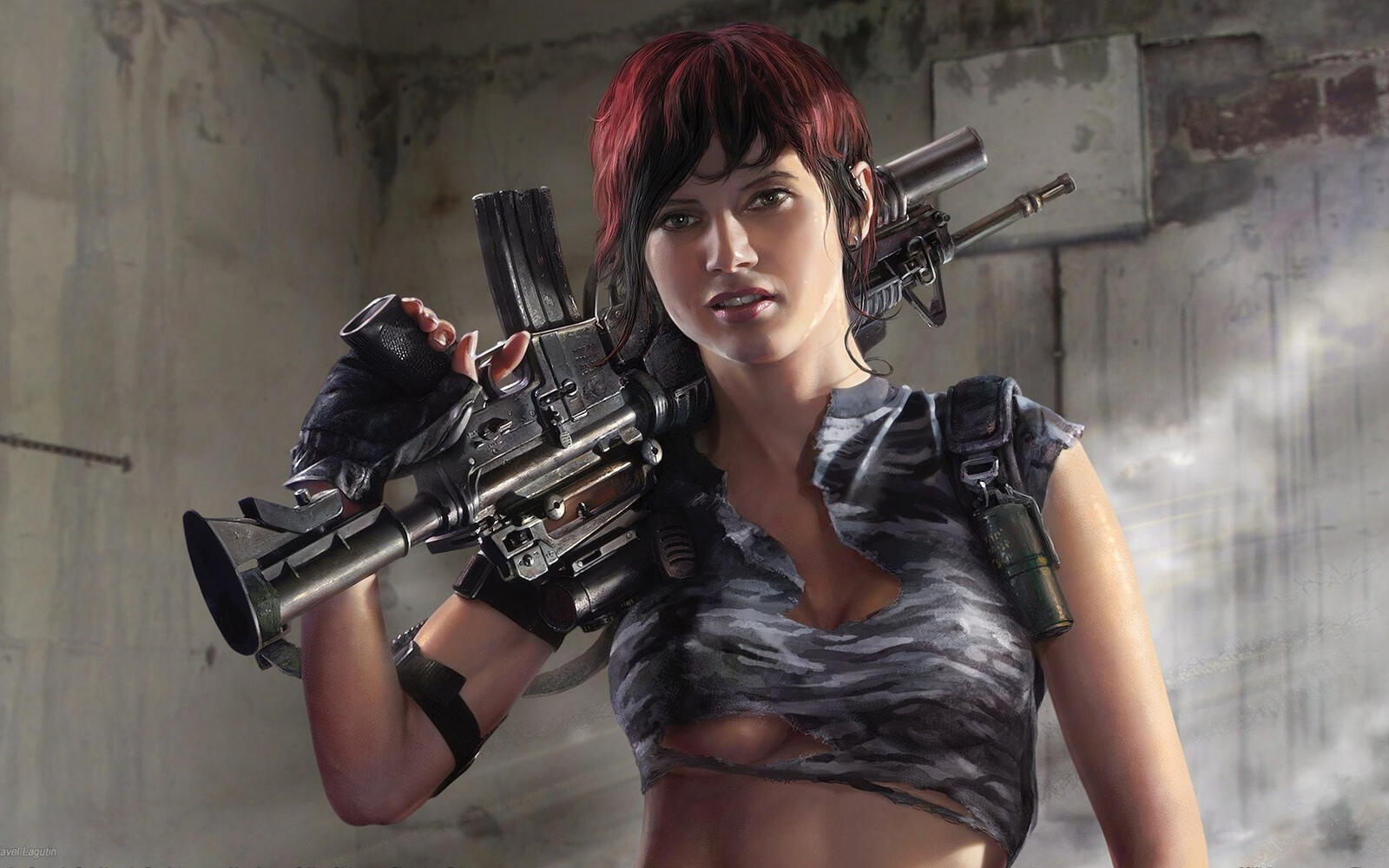 Free photo Wallpaper with a girl with short hair and an automatic rifle