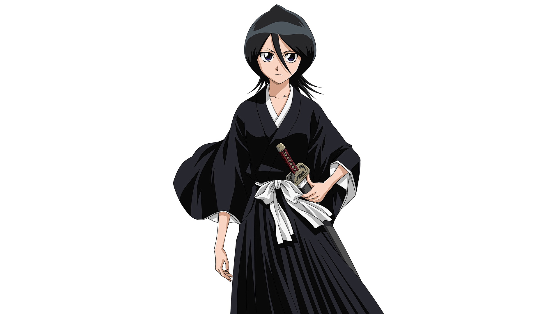 Аниме герой Rukia Kuchiki с мечом стоит на белом фоне