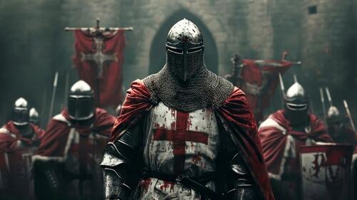 Рыцари крестоносцы на фоне замка