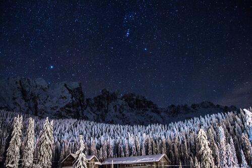 Звездное зимнее небо в лесу над крышей дома