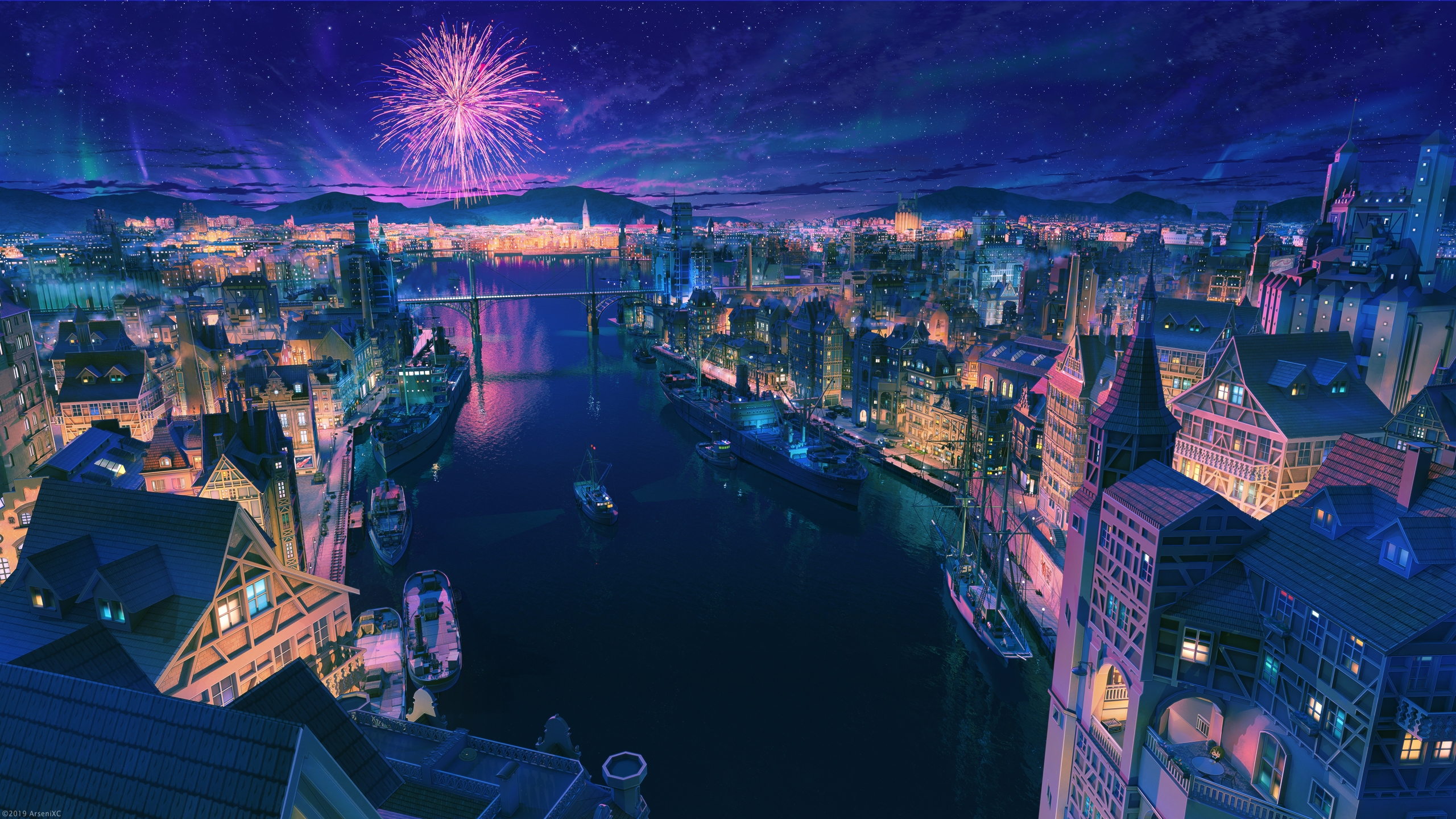 Фото бесплатно обои аниме городской пейзаж, ночь, фейерверк