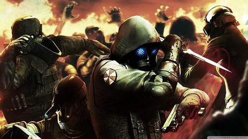 Hooded man fights zombies