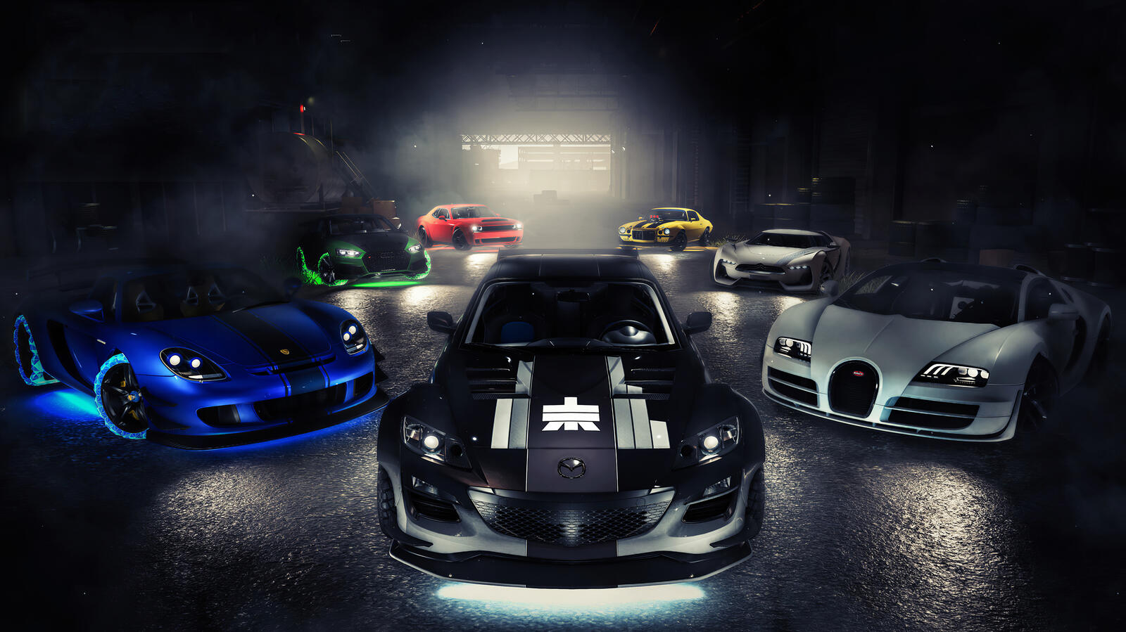 Бесплатное фото Спортивные машины в темном гараже