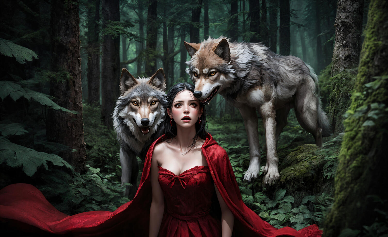Free photo Little Red Riding Hood and the wolves
