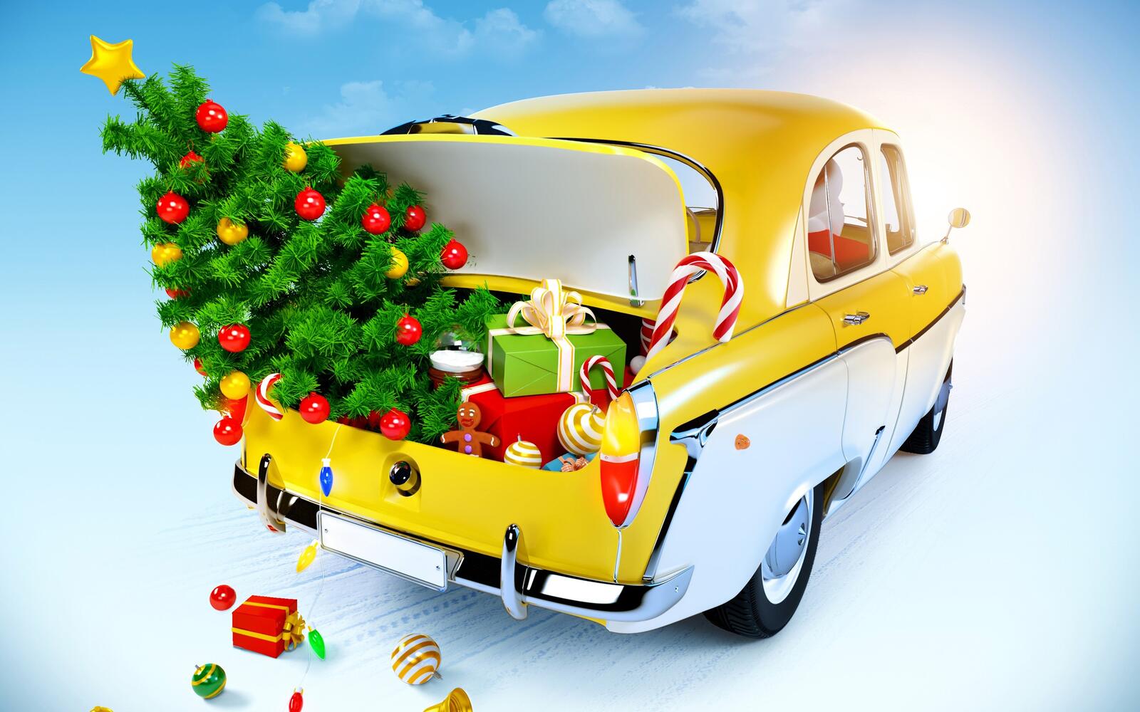 Бесплатное фото Машина с новогодней елкой в багажнике