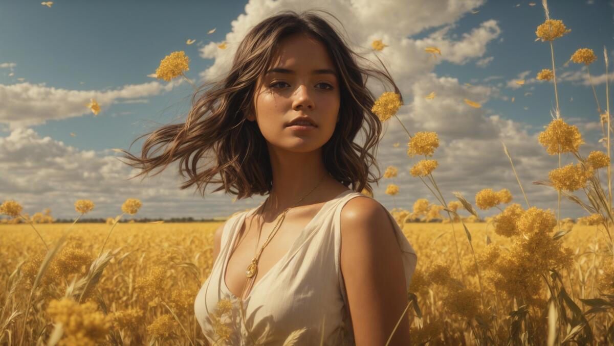 Женщина стоит в пшеничном поле и позирует перед камерой
