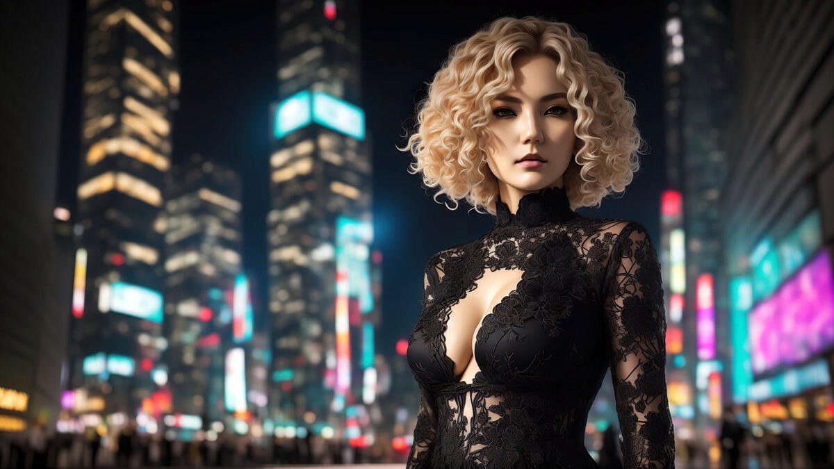 Девушка блондинка в платье на фоне ночного города
