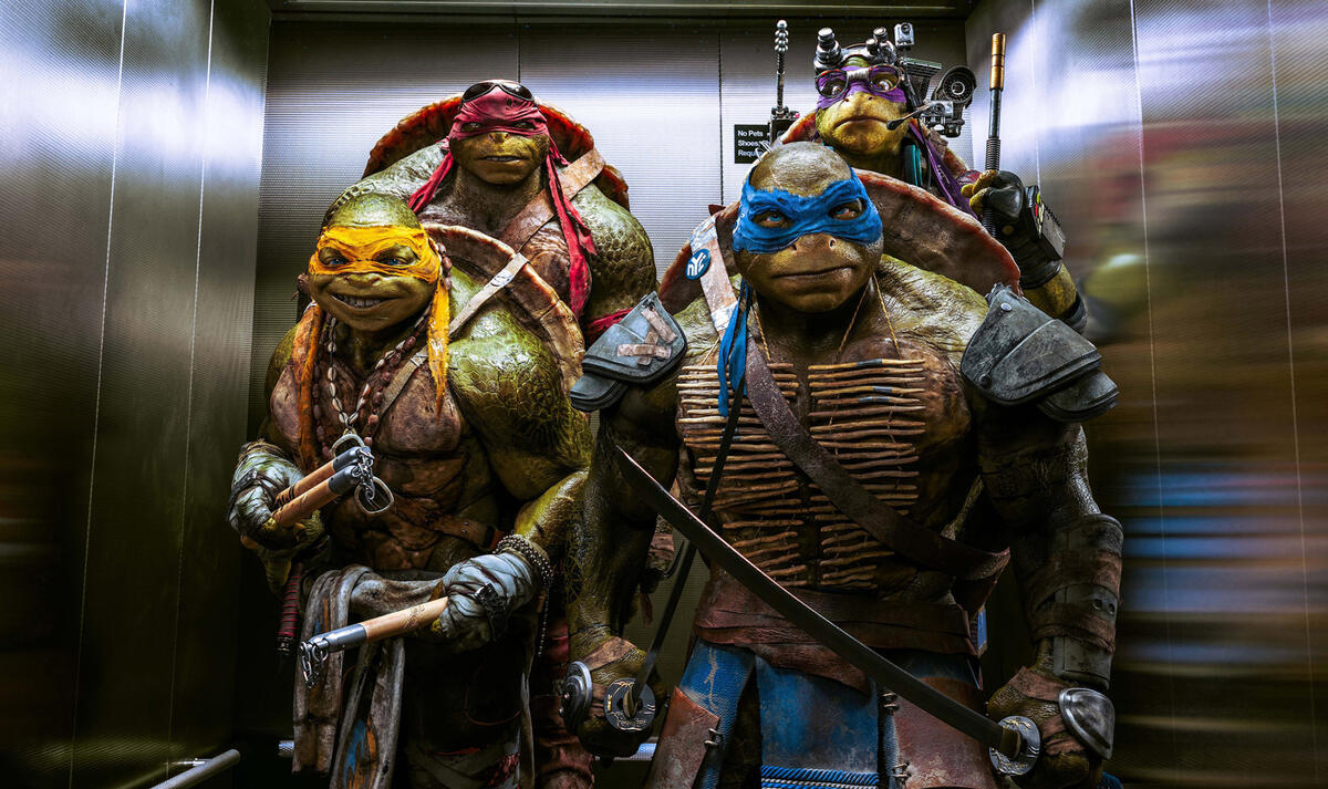 Teenage Mutant Ninja Turtles in an elevator