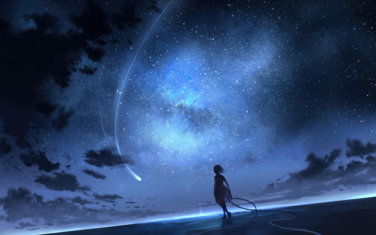 Anime girl looking up at the starry sky.