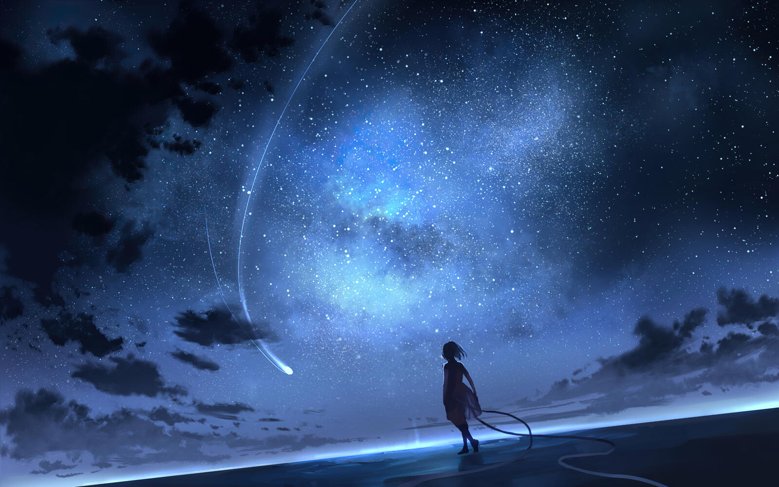 Бесплатное фото Анимешная девочка смотрит на Звёздное небо