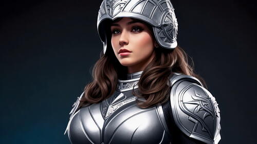 Девушка рыцарь в шлеме и доспехах на темном фоне