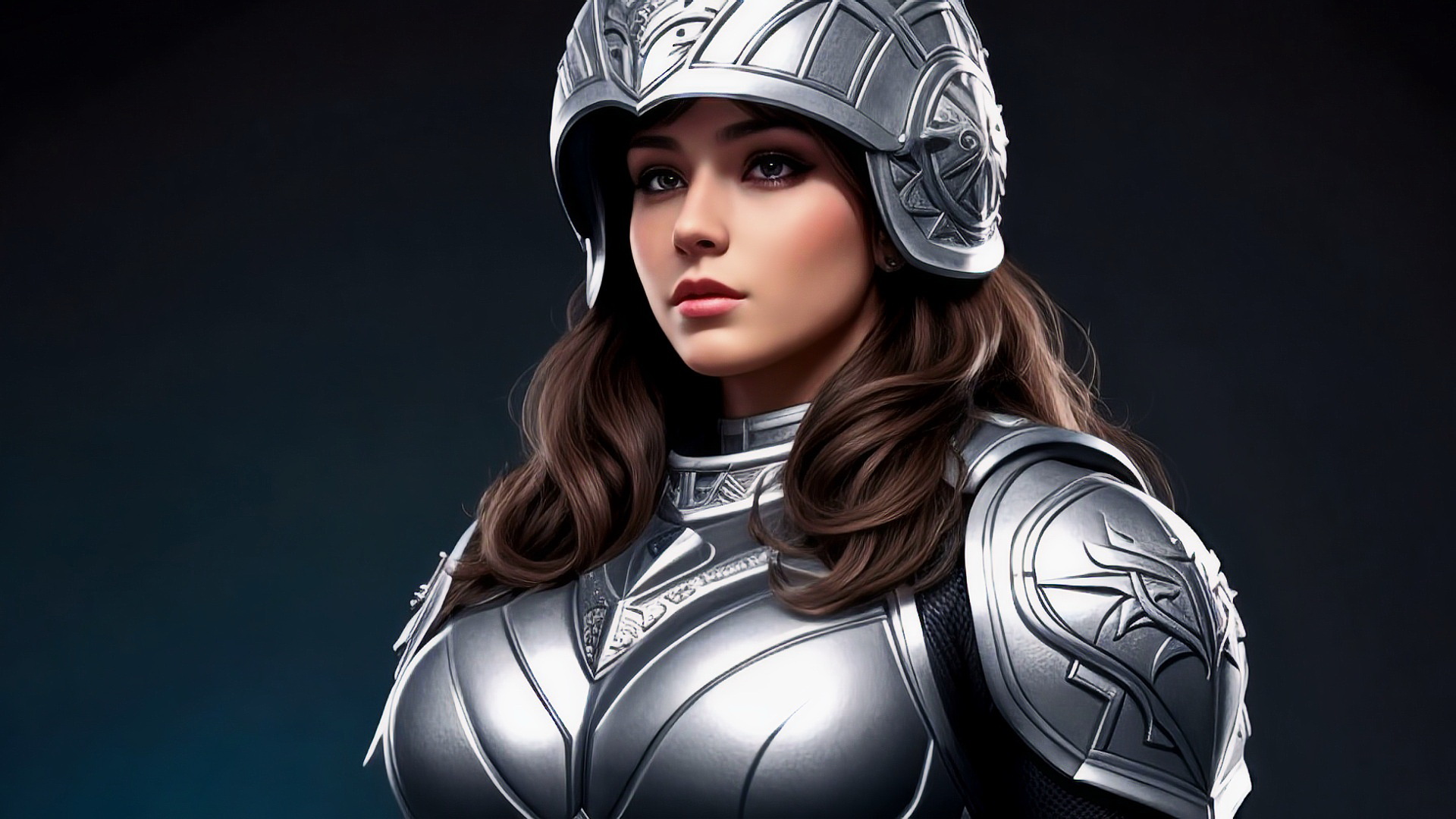 Бесплатное фото Девушка рыцарь в шлеме и доспехах на темном фоне