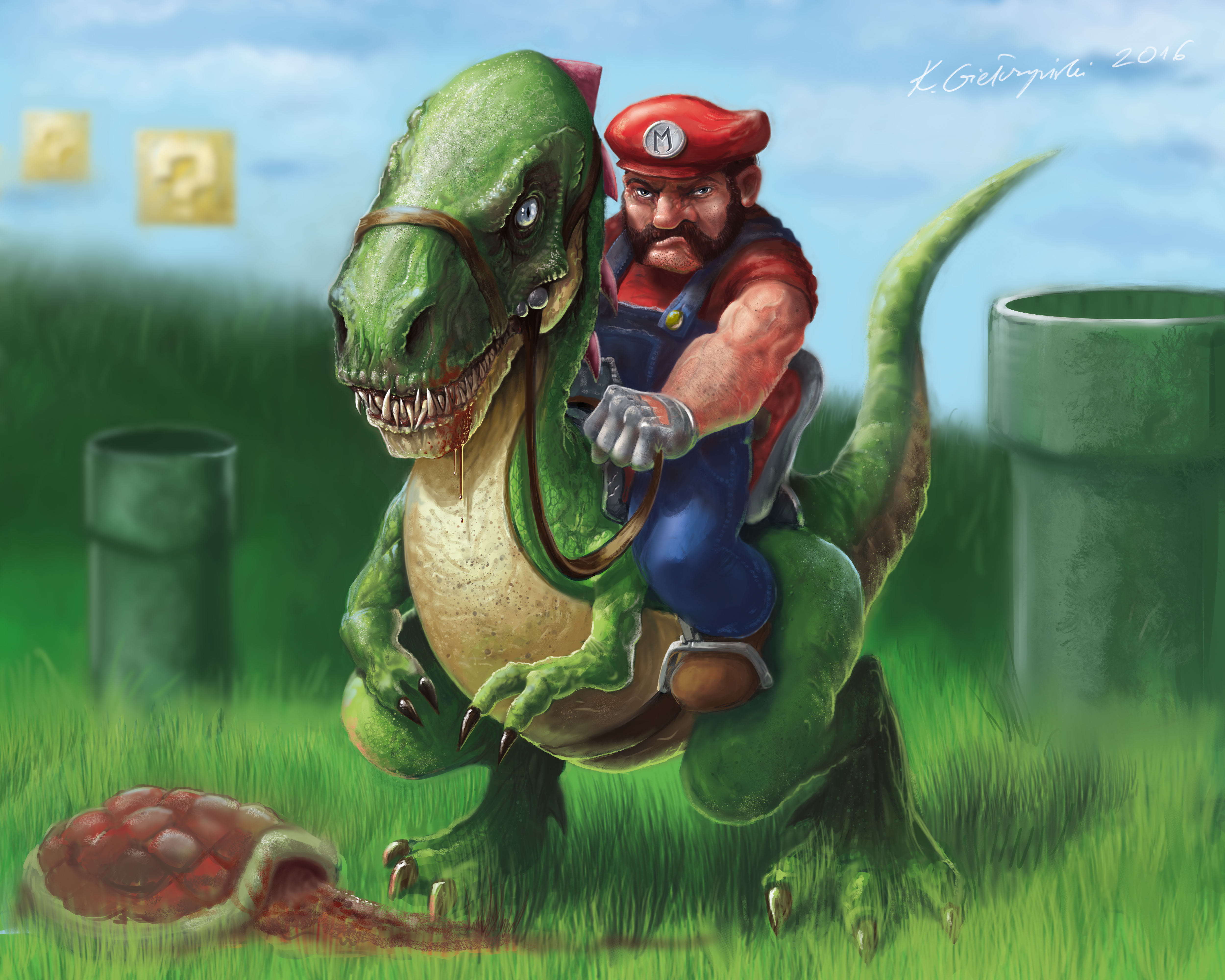 Free photo Drawing Mario on the Dinosaur