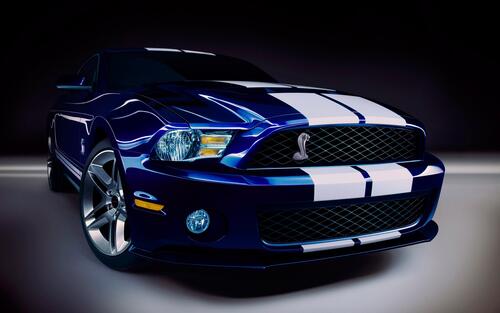 A picture of a blue Ford Mustang