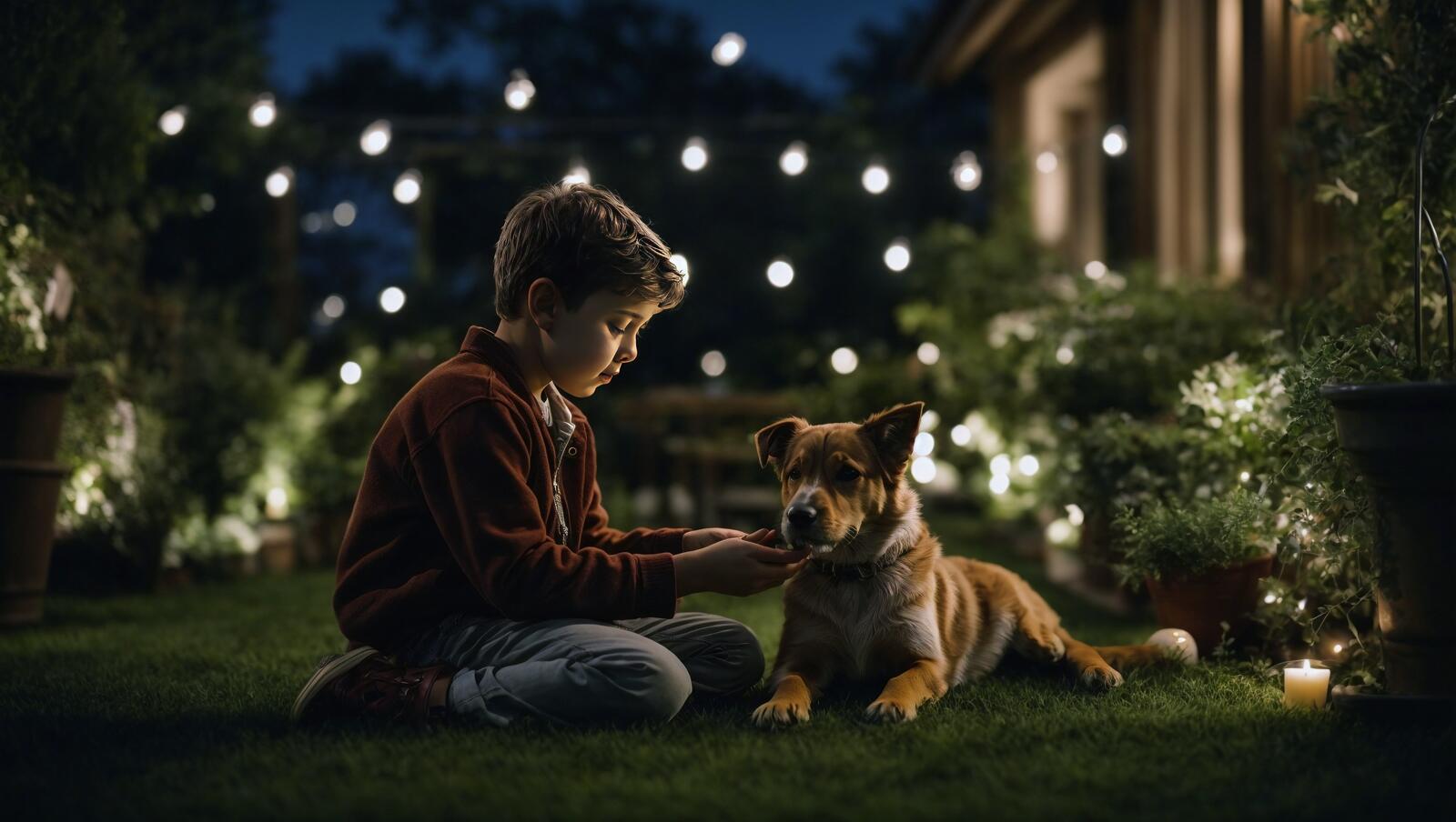 Бесплатное фото Мальчик сидит в саду и держит собаку