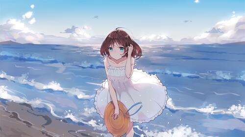 Anime girl in a dress with a hat about the ocean