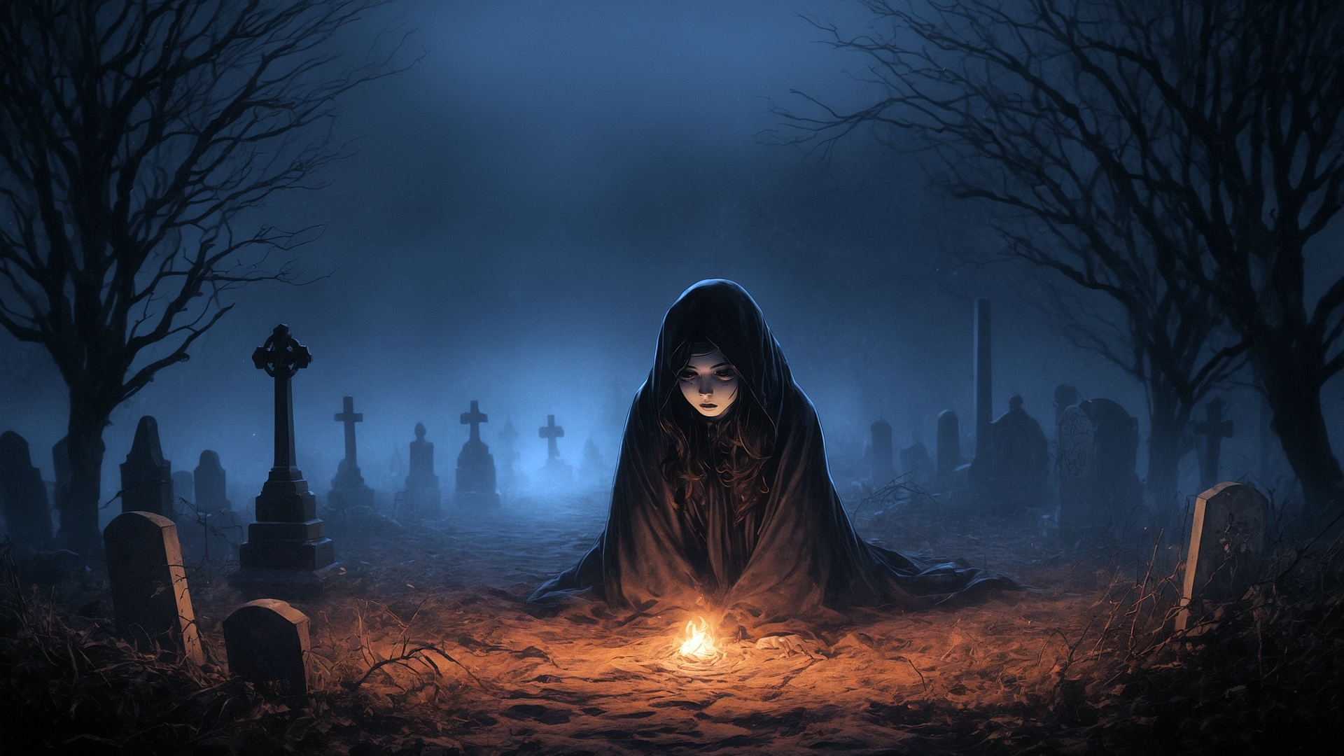 Девушка с огнем на кладбище ночью