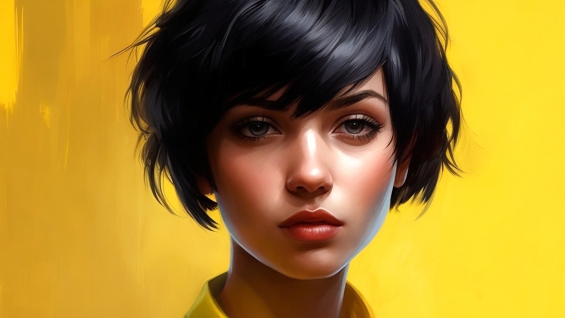 Portrait of a girl with short haircut on yellow background
