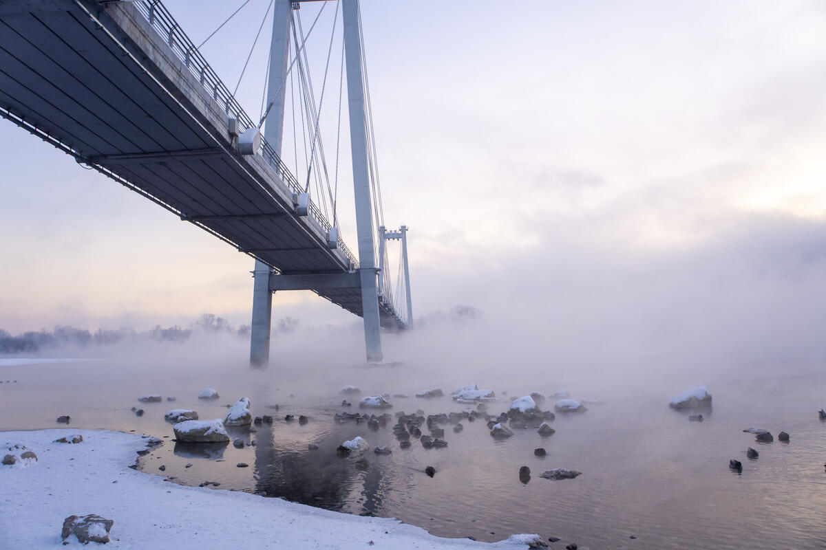 Non-freezing Yenisei River in freezing weather