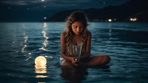 Girl in silver dress sitting in body of water by a floating lamp