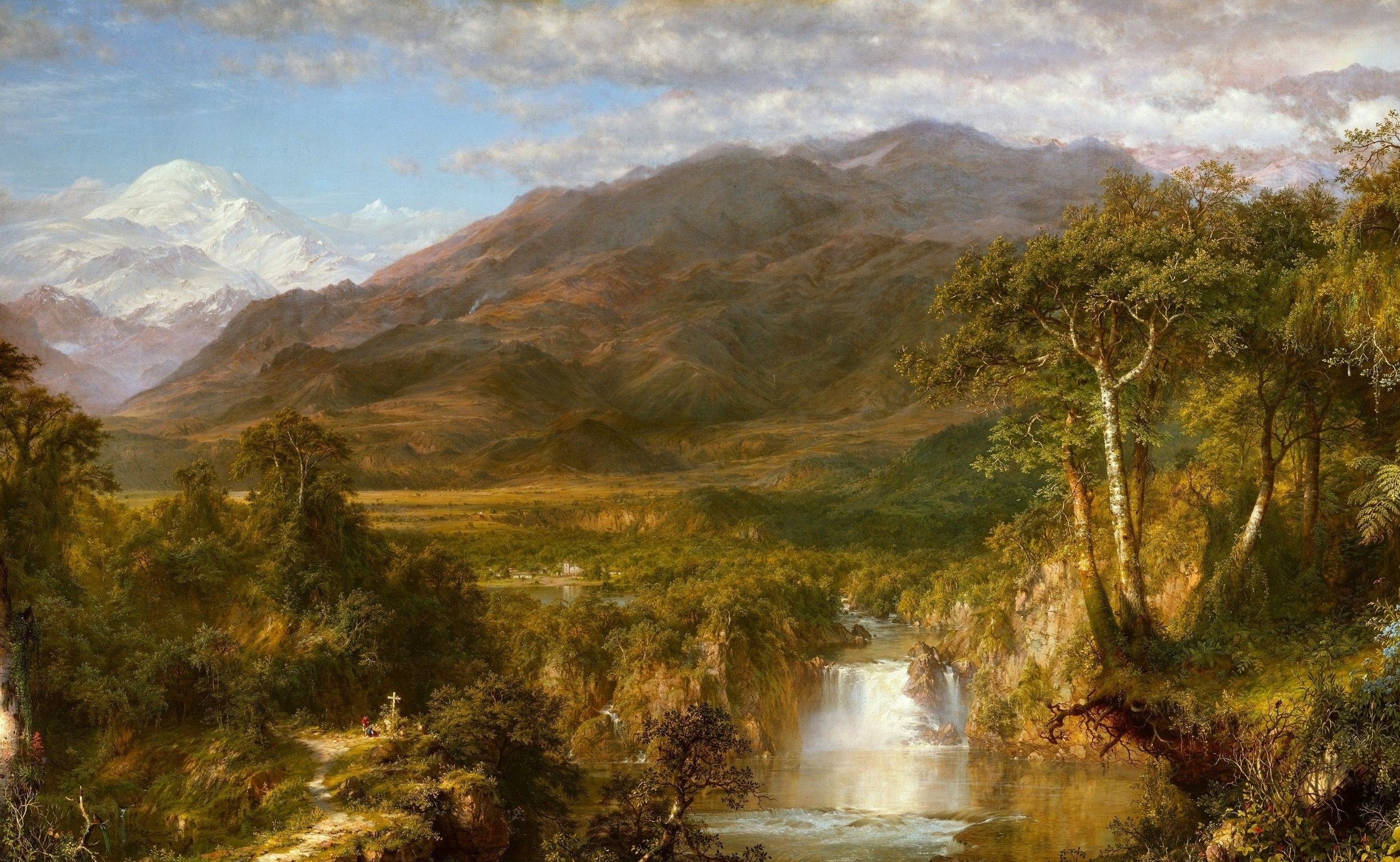 Free photo Drawing of a mountain by a river with a waterfall
